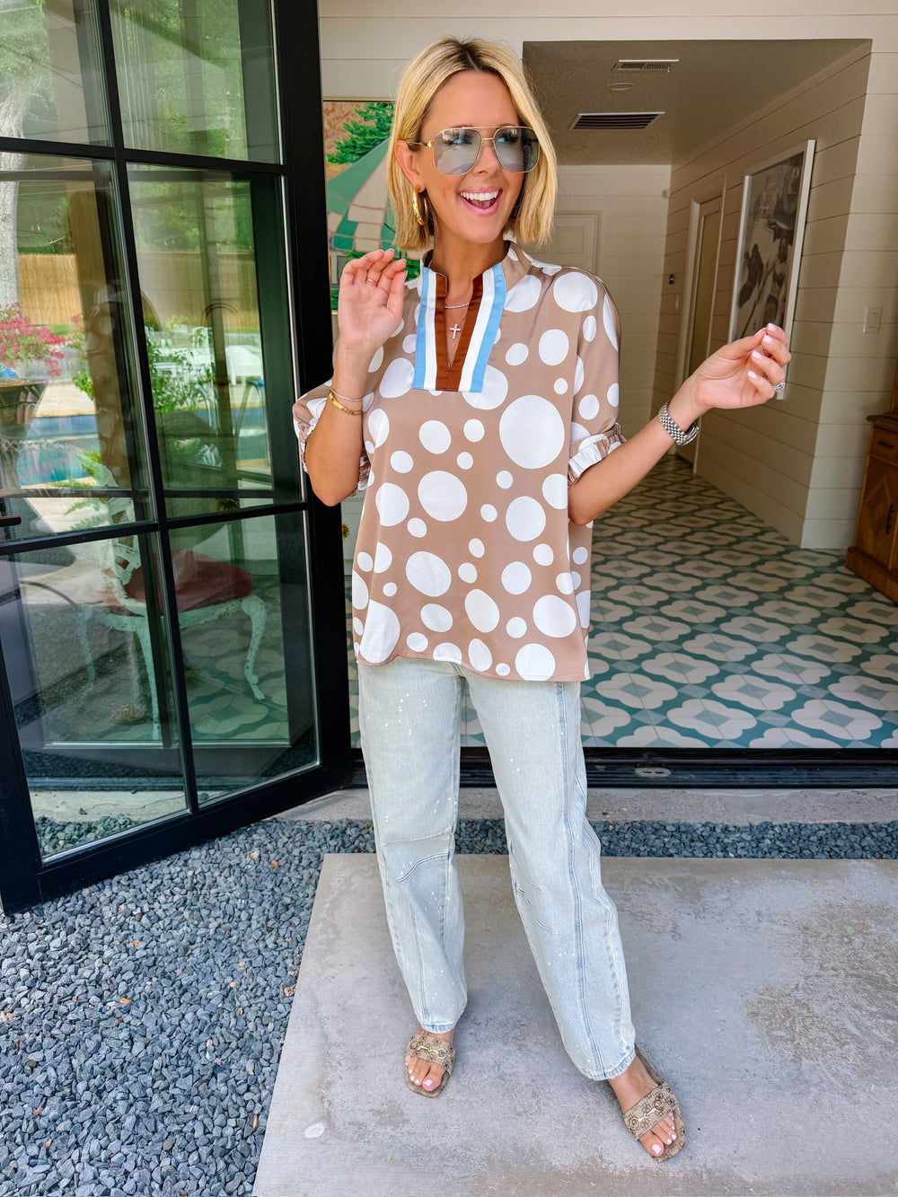 DELIGHTED TO MEET YOU POLKA DOT V-NECK TOP - TAUPE