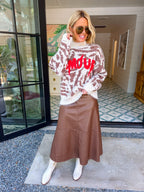 IN HER ELEMENT FAUX LEATHER FLARE MIDI SKIRT - BROWN
