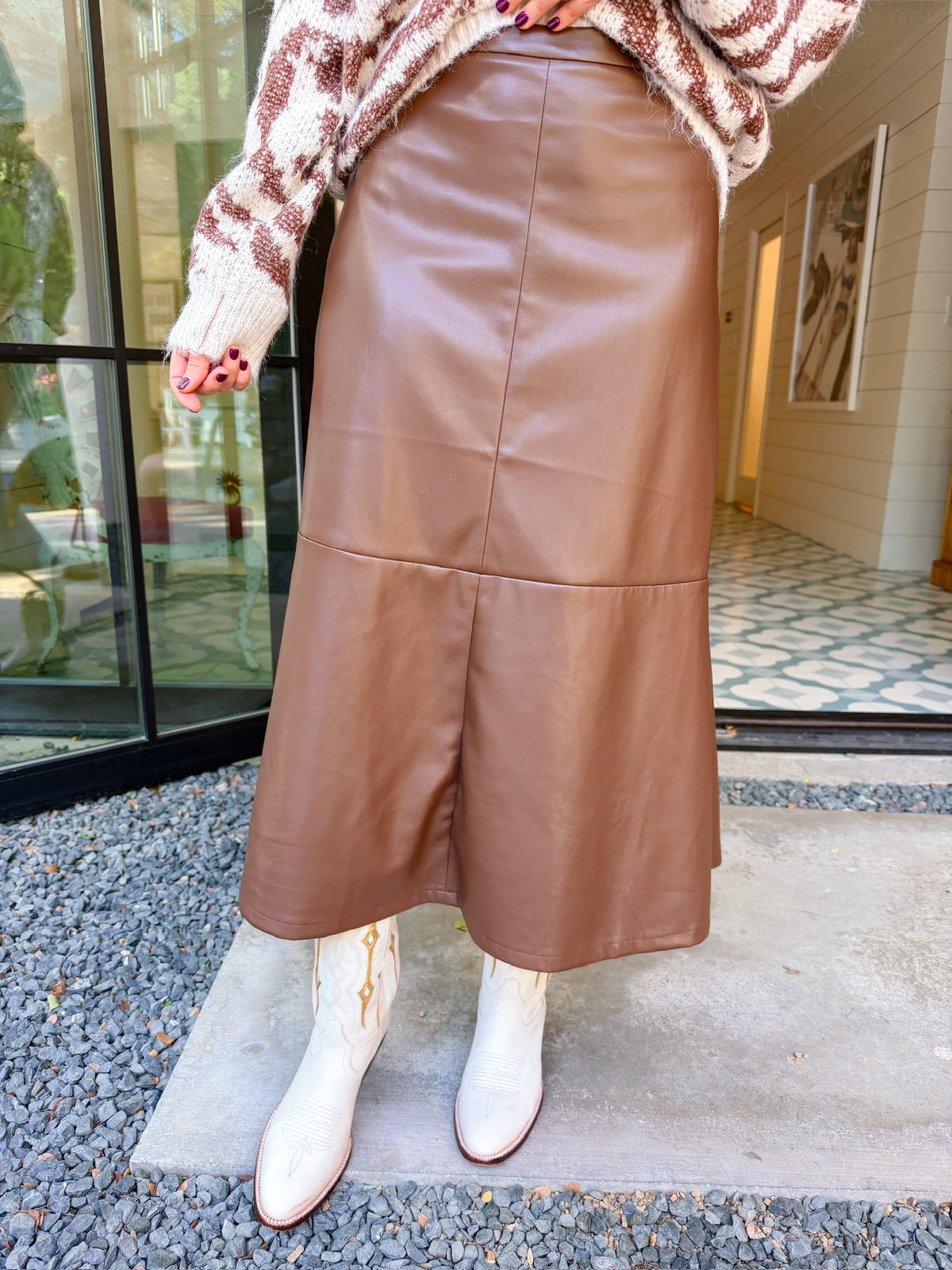 IN HER ELEMENT FAUX LEATHER FLARE MIDI SKIRT - BROWN
