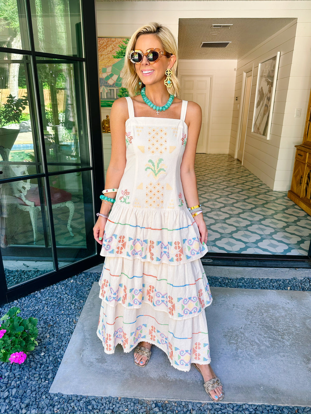 TALAVERA TILES CROSS STITCH TIER MAXI DRESS - BEIGE