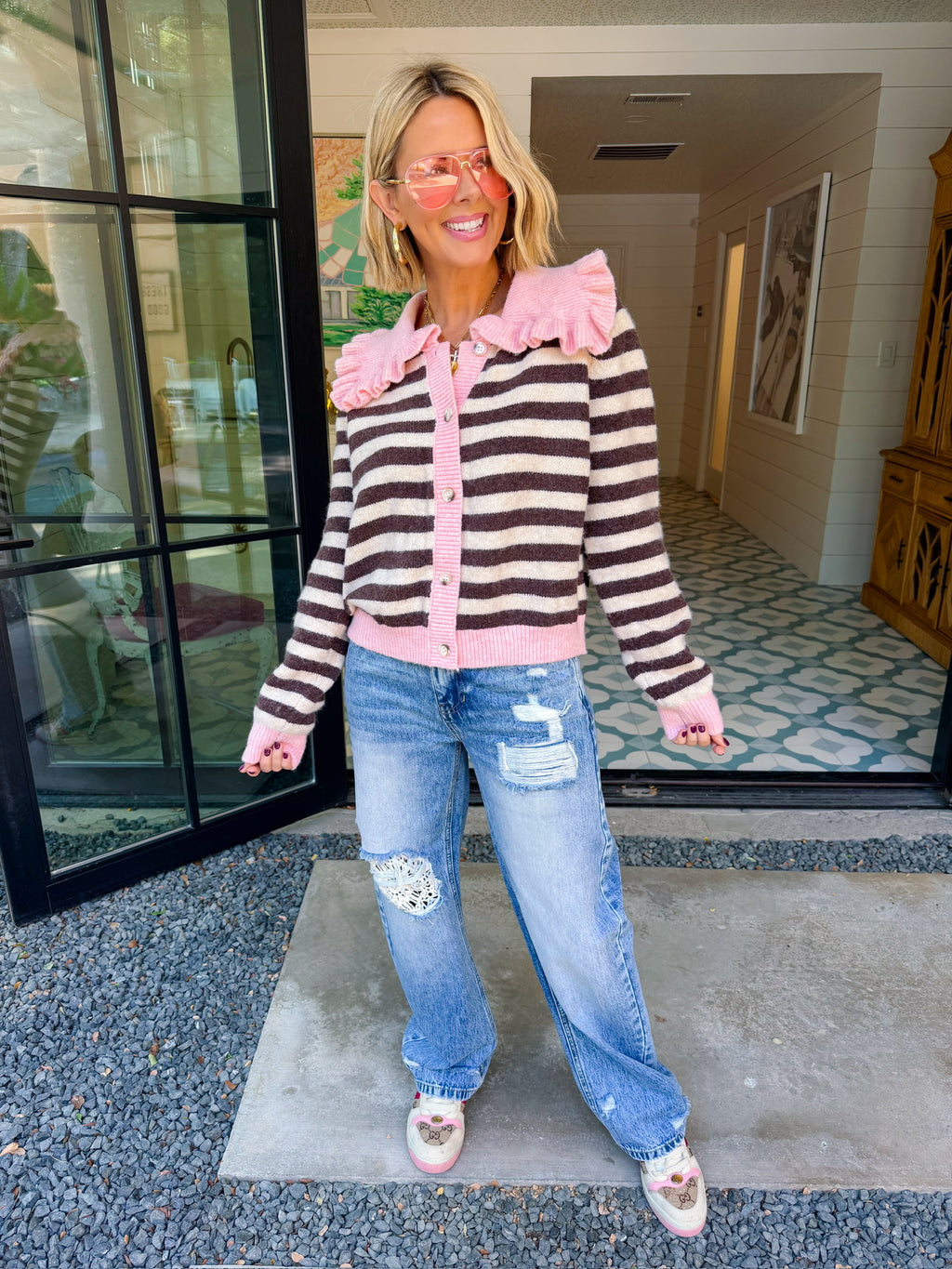 SWEET AS EVER STRIPE COLLAR CONTRAST CARDIGAN - PINK/BROWN