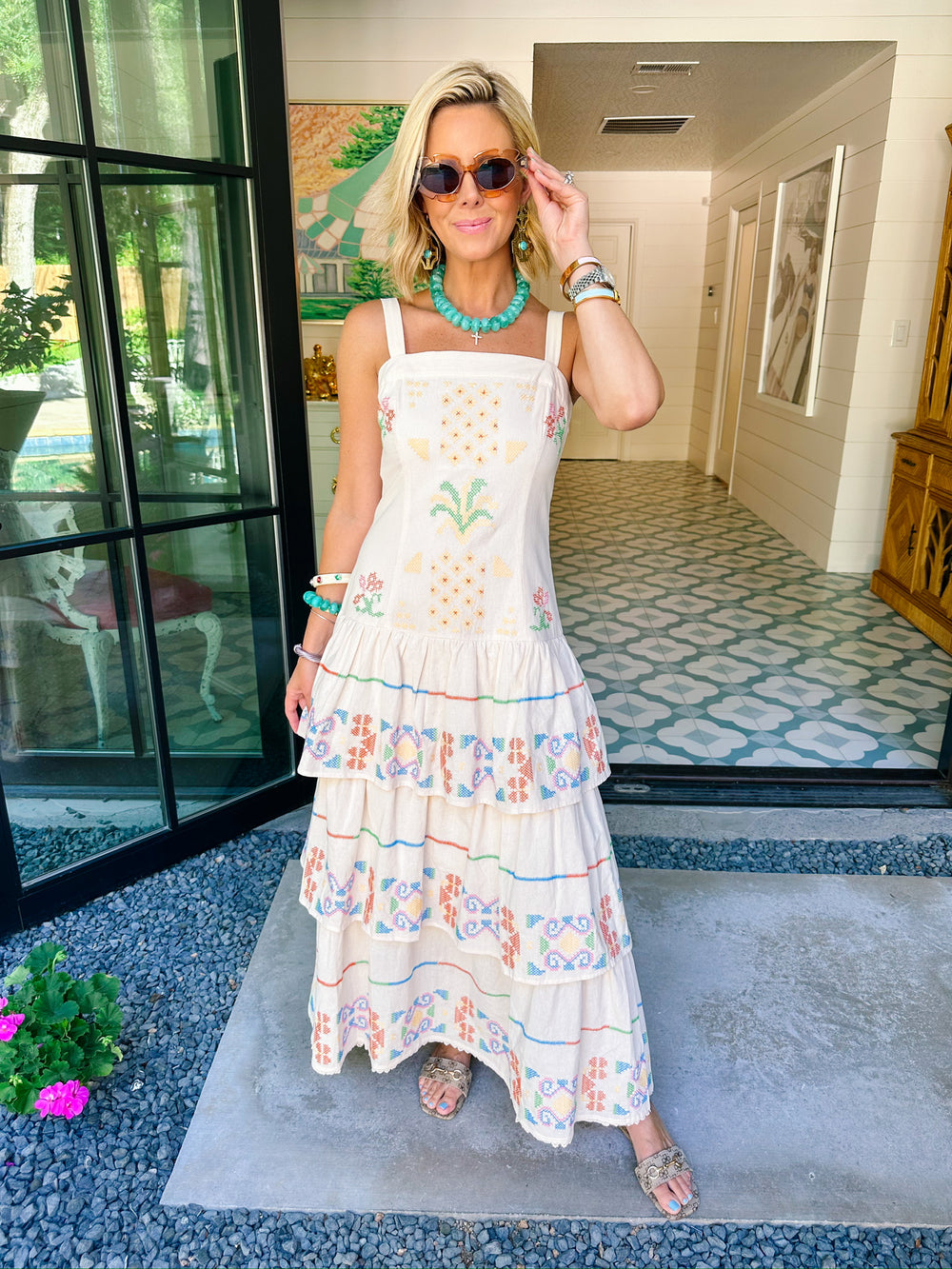 TALAVERA TILES CROSS STITCH TIER MAXI DRESS - BEIGE