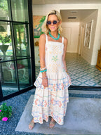 TALAVERA TILES CROSS STITCH TIER MAXI DRESS - BEIGE