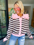 SWEET AS EVER STRIPE COLLAR CONTRAST CARDIGAN - PINK/BROWN