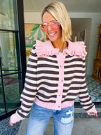 SWEET AS EVER STRIPE COLLAR CONTRAST CARDIGAN - PINK/BROWN