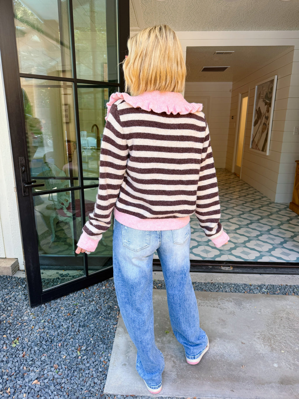 SWEET AS EVER STRIPE COLLAR CONTRAST CARDIGAN - PINK/BROWN