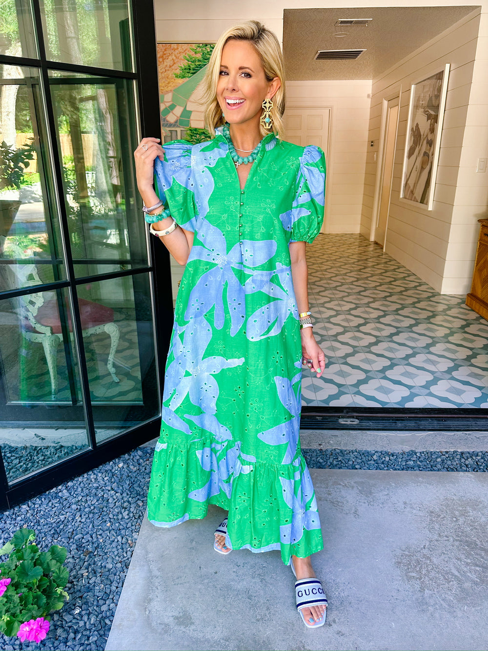 ECHOES OF A BLOOM EYELET MIDI DRESS - GREEN