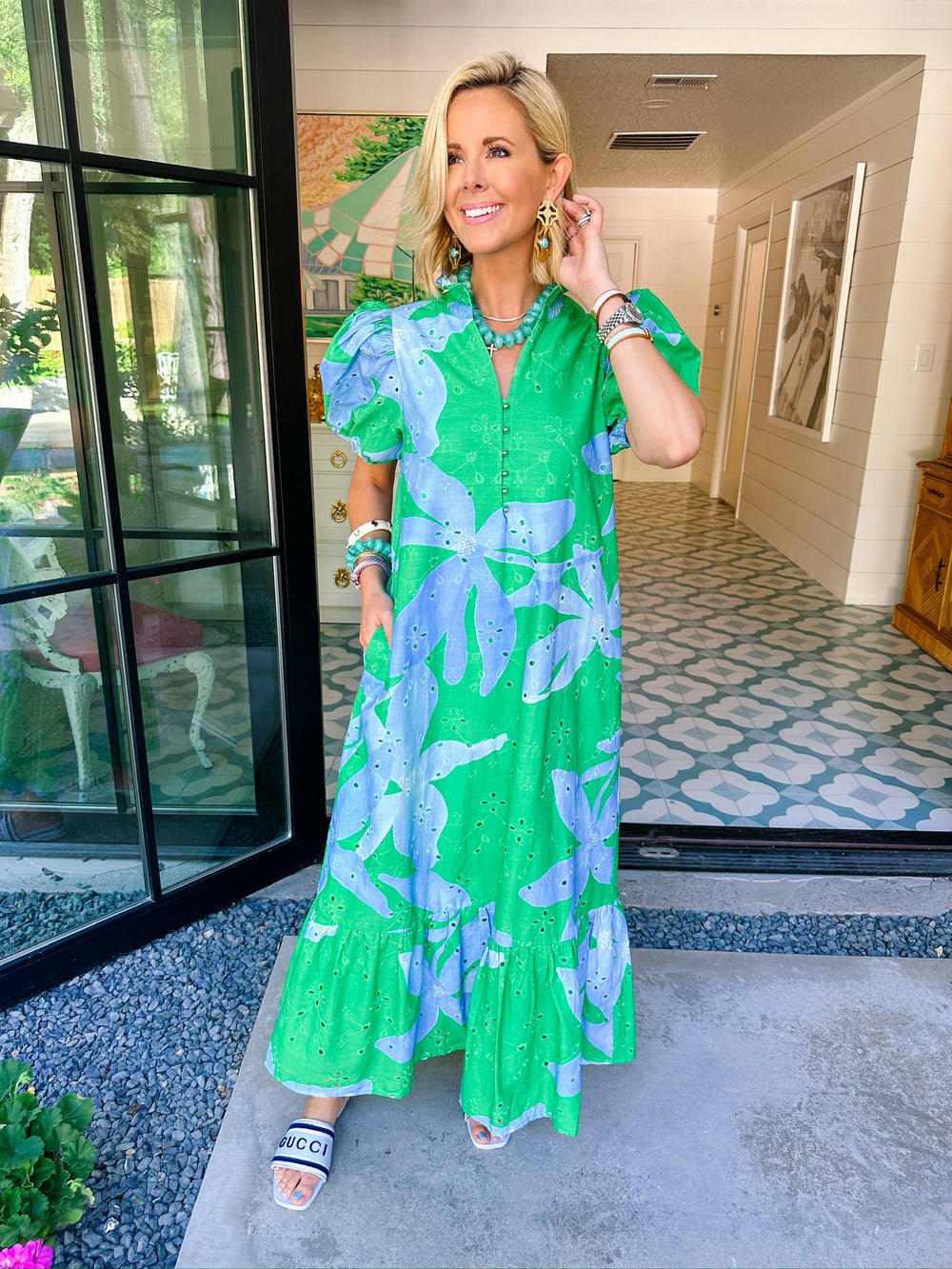ECHOES OF A BLOOM EYELET MIDI DRESS - GREEN