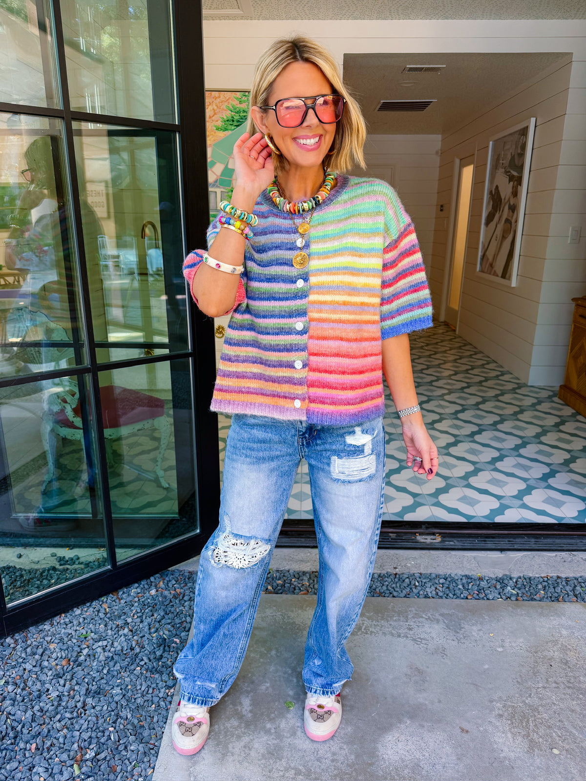 ON THE COLORFUL ROUTE STRIPE SHORT SLEEVE CARDIGAN
