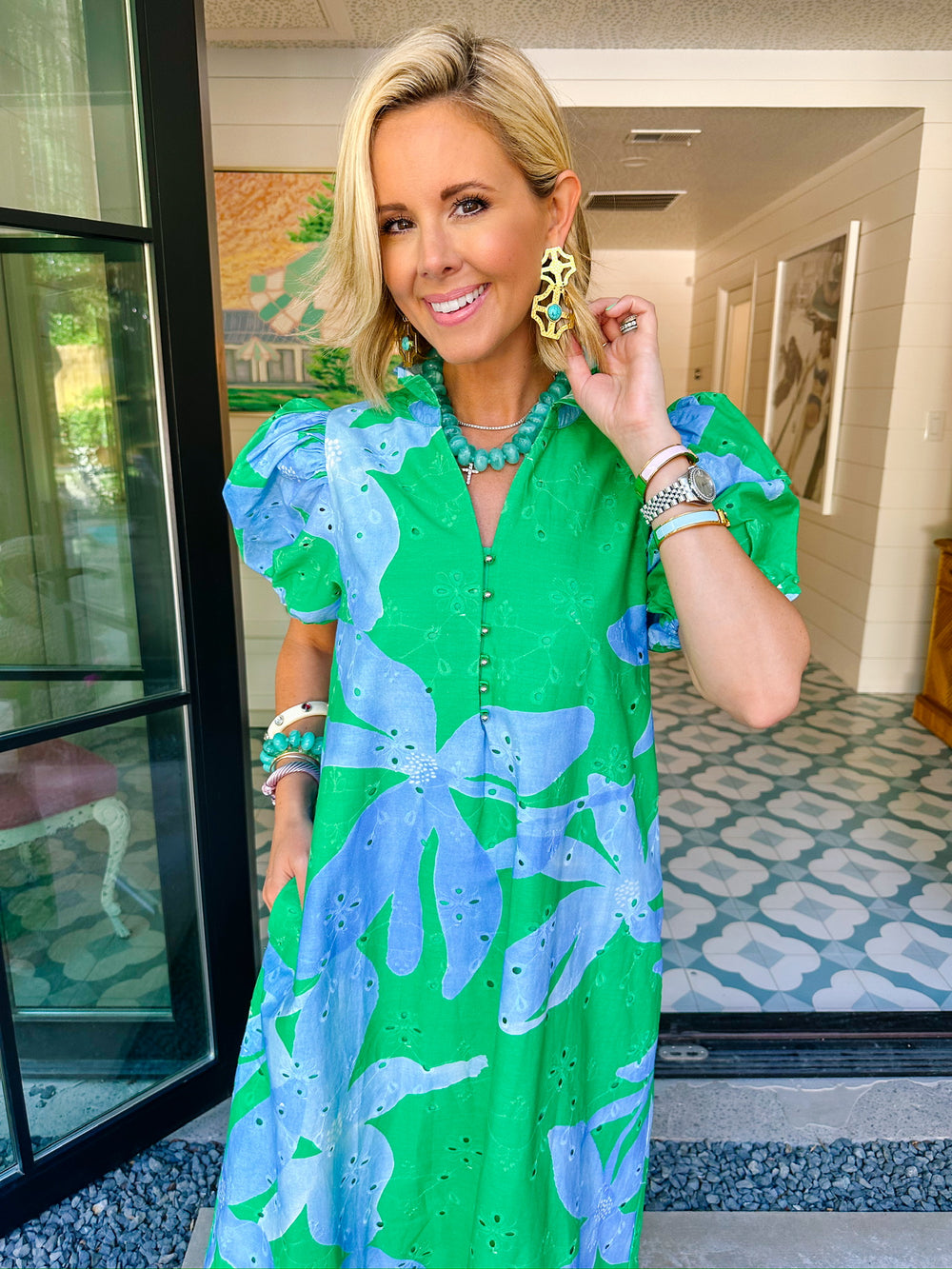 ECHOES OF A BLOOM EYELET MIDI DRESS - GREEN