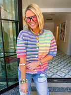 ON THE COLORFUL ROUTE STRIPE SHORT SLEEVE CARDIGAN