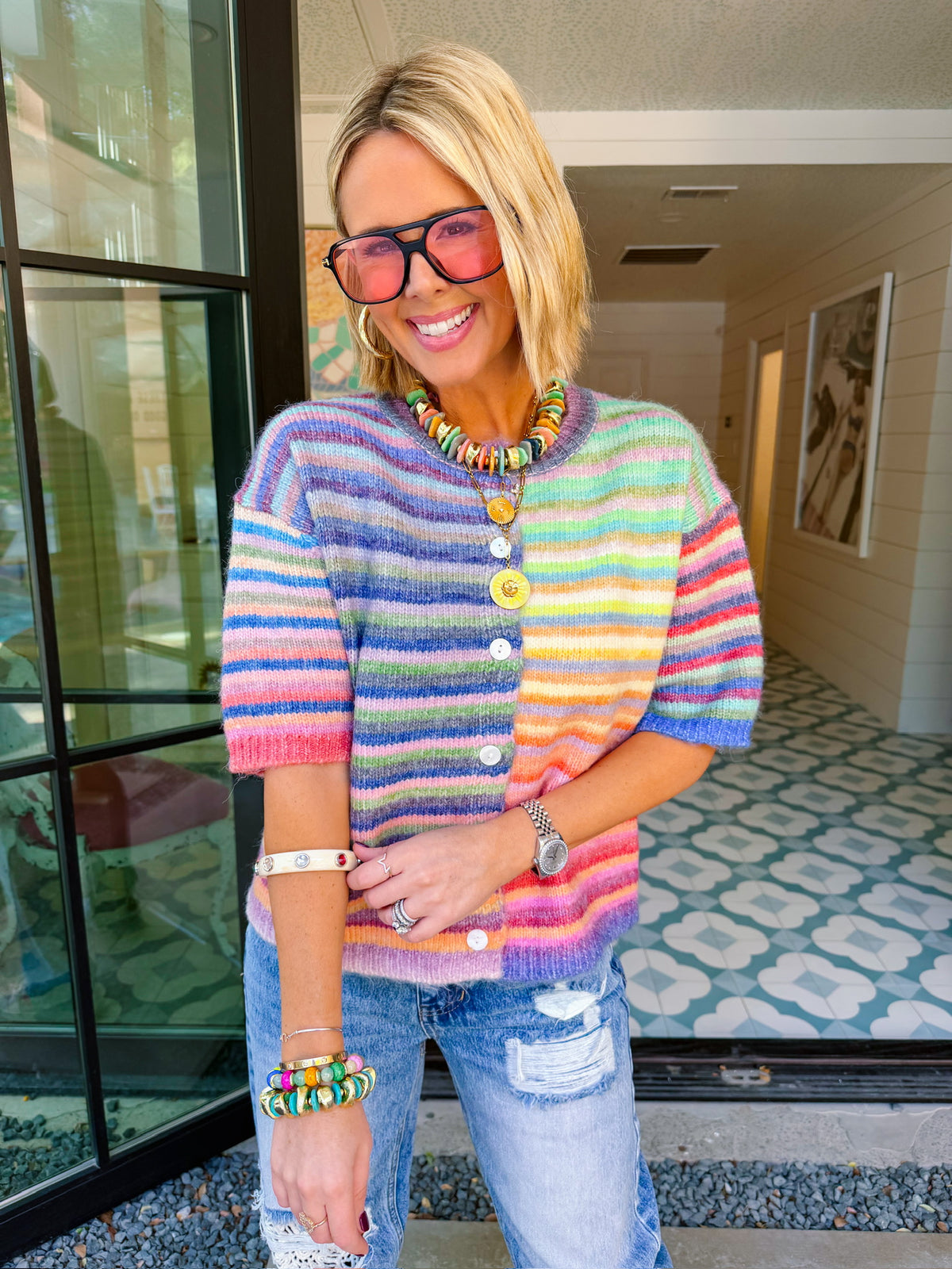 ON THE COLORFUL ROUTE STRIPE SHORT SLEEVE CARDIGAN