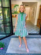 IRINA STRIPE RUFFLE TRIM DRESS - PINK/GREEN