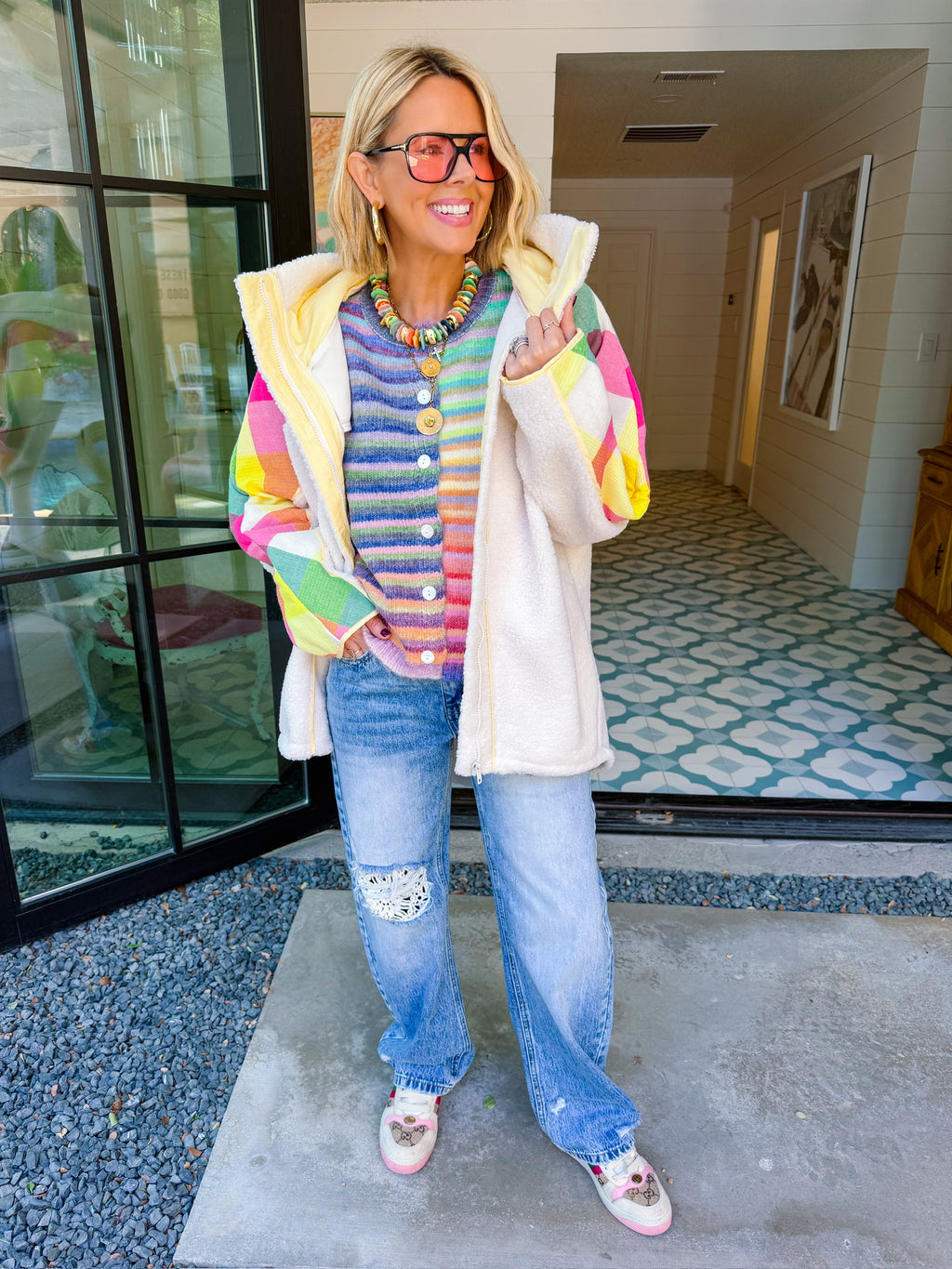 SAY IT IN COLOR PLAID SHERPA JACKET - CREAM