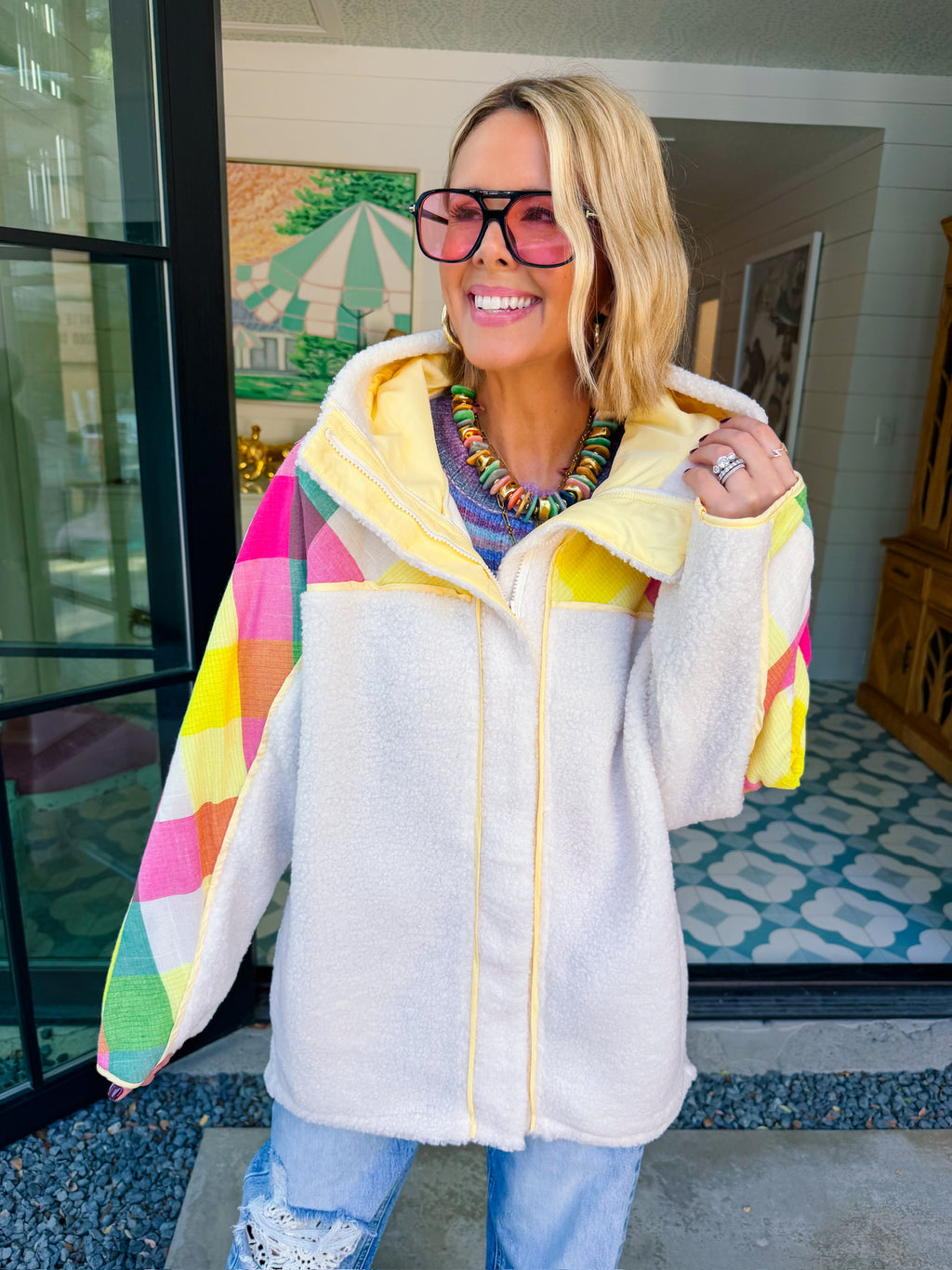 SAY IT IN COLOR PLAID SHERPA JACKET - CREAM