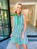IRINA STRIPE RUFFLE TRIM DRESS - PINK/GREEN