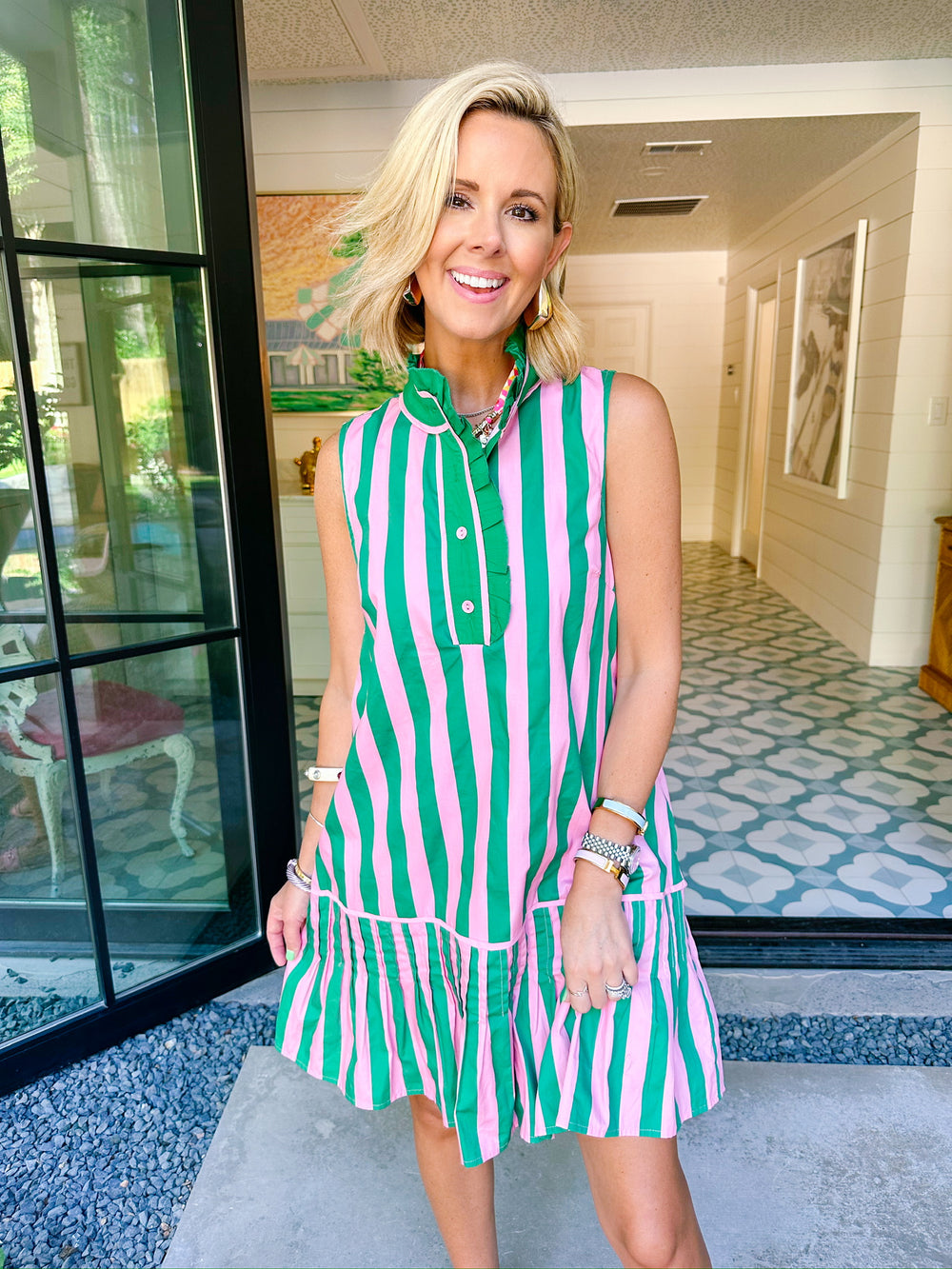 IRINA STRIPE RUFFLE TRIM DRESS - PINK/GREEN