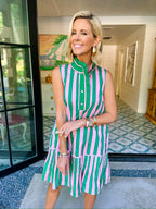 IRINA STRIPE RUFFLE TRIM DRESS - PINK/GREEN
