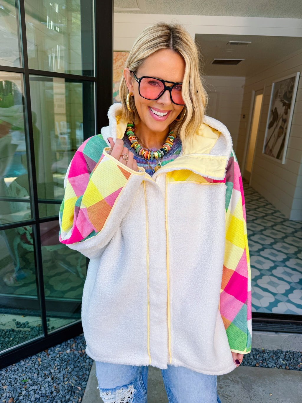 SAY IT IN COLOR PLAID SHERPA JACKET - CREAM