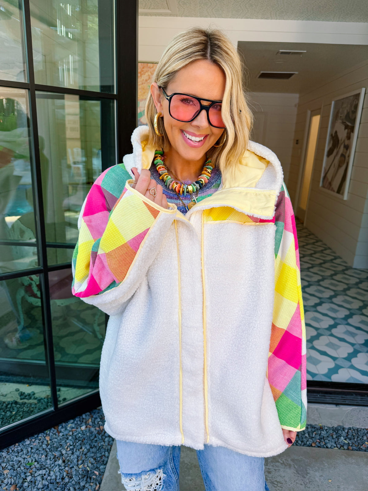 SAY IT IN COLOR PLAID SHERPA JACKET - CREAM