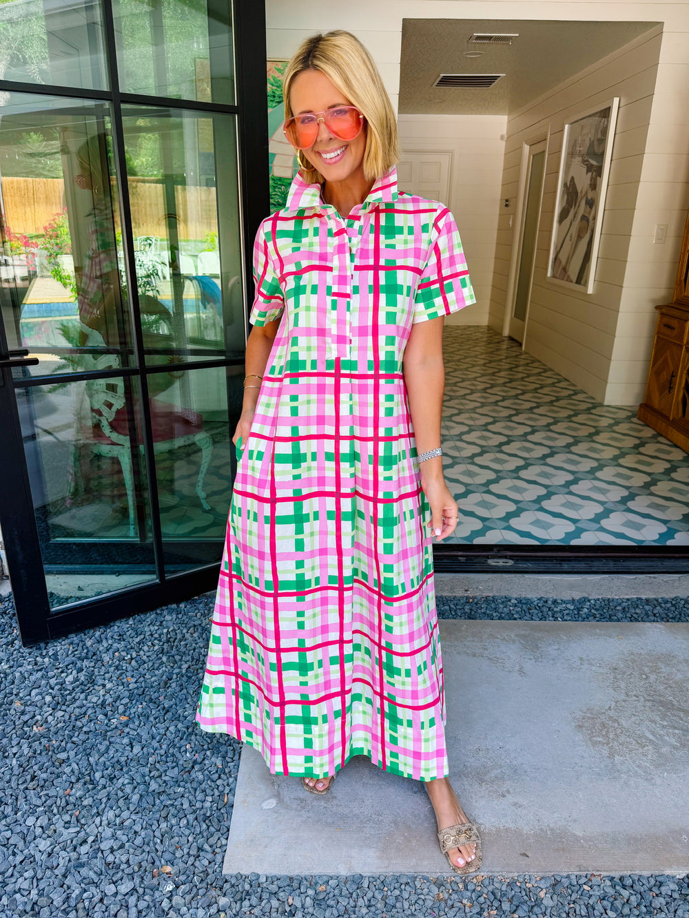 EVELYN PLAID MIDI DRESS - PINK/GREEN