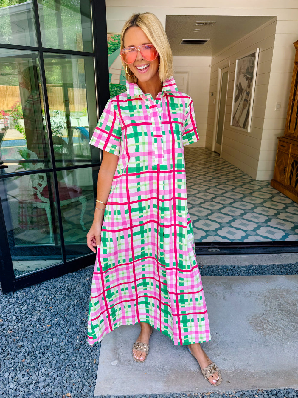 EVELYN PLAID MIDI DRESS - PINK/GREEN