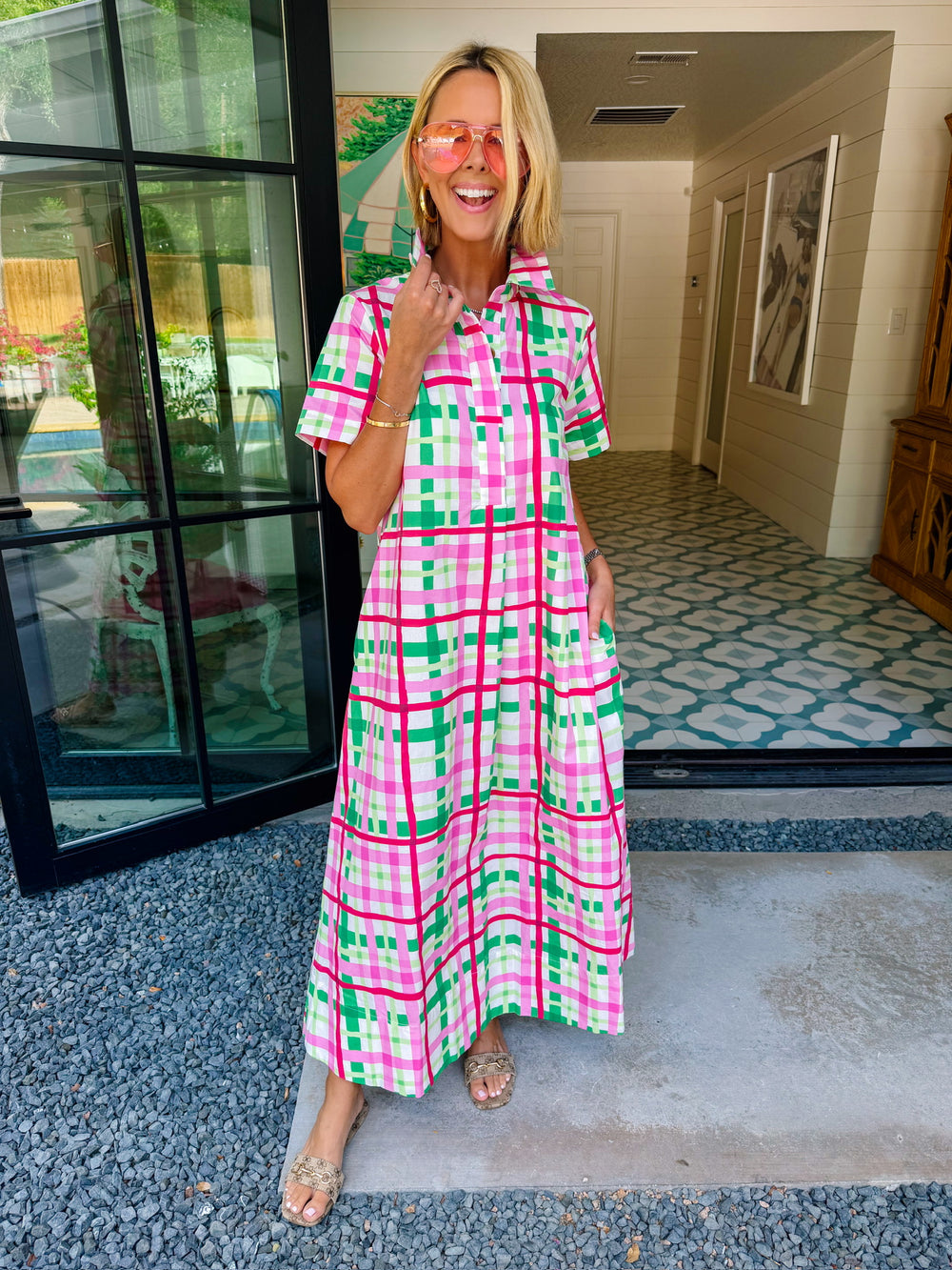 EVELYN PLAID MIDI DRESS - PINK/GREEN