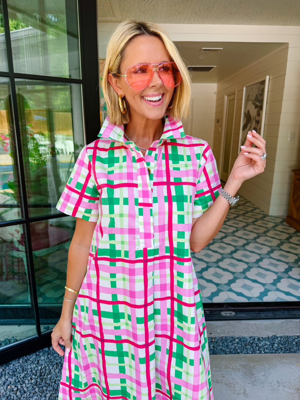 EVELYN PLAID MIDI DRESS - PINK/GREEN