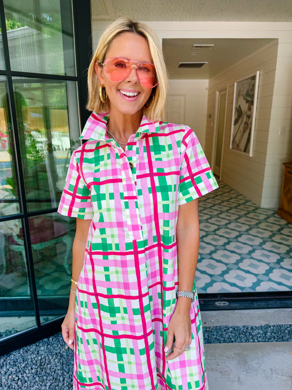 EVELYN PLAID MIDI DRESS - PINK/GREEN