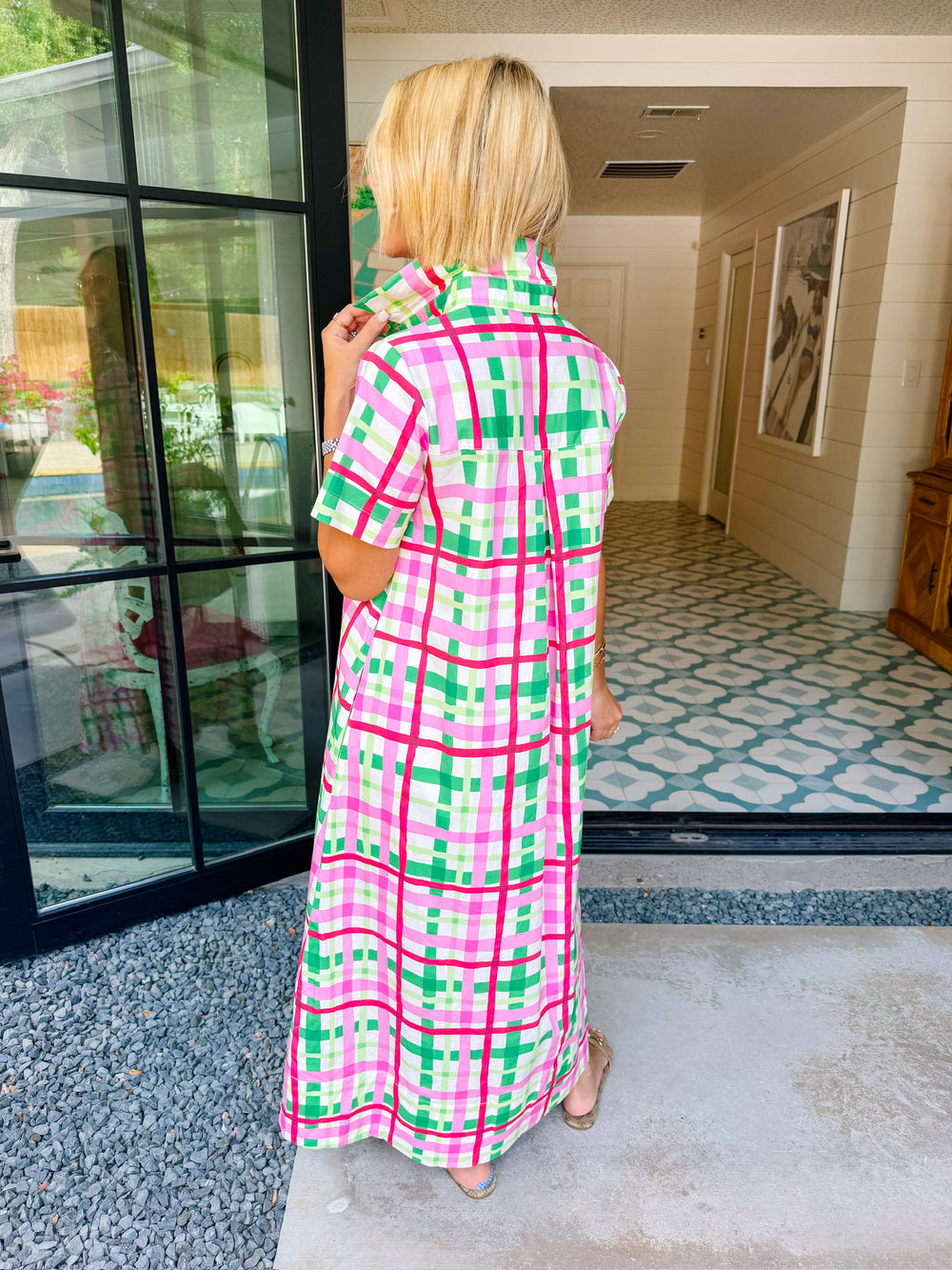 EVELYN PLAID MIDI DRESS - PINK/GREEN
