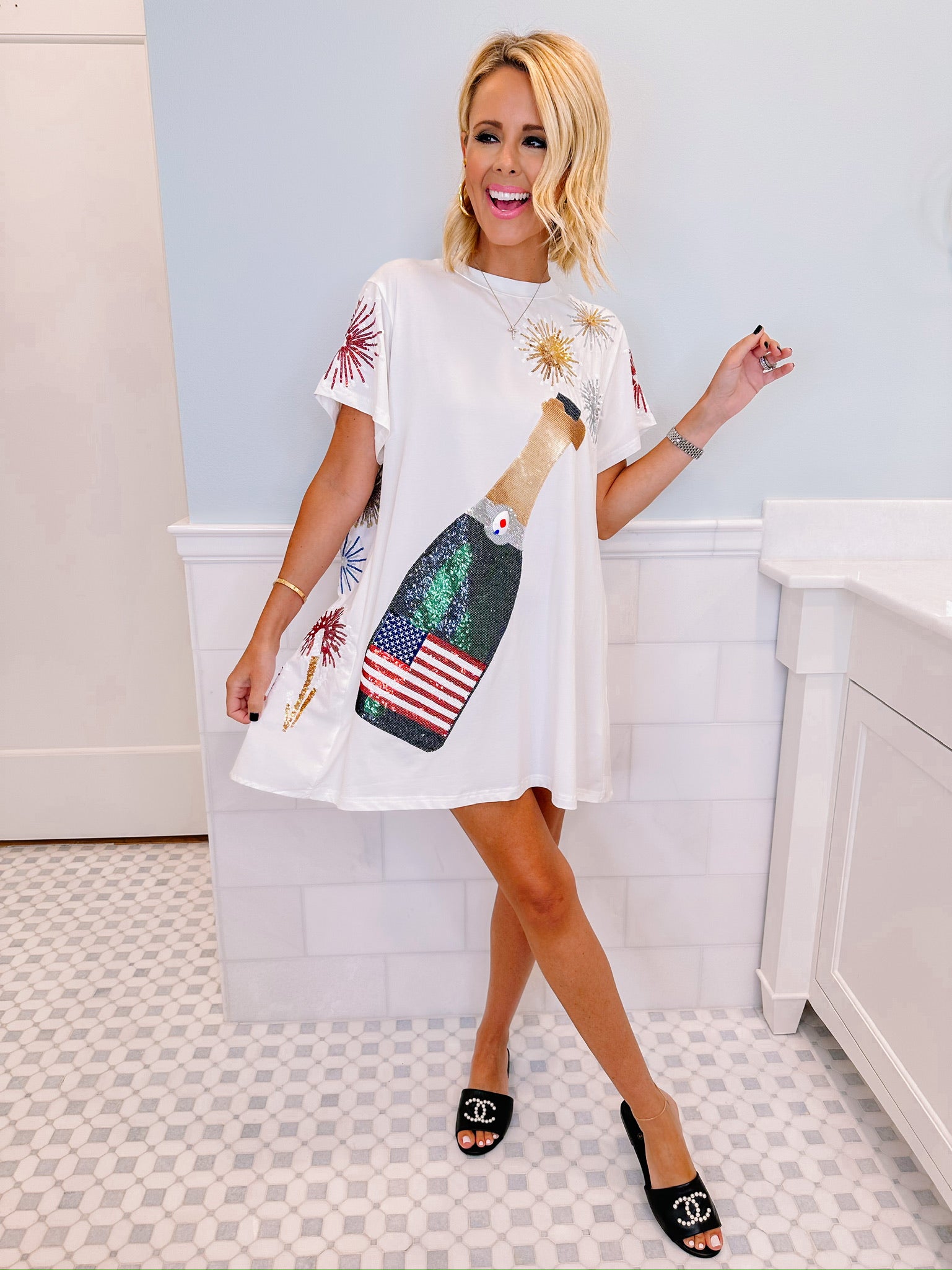 USA POPPING CHAMPAGNE TEE DRESS - WHITE