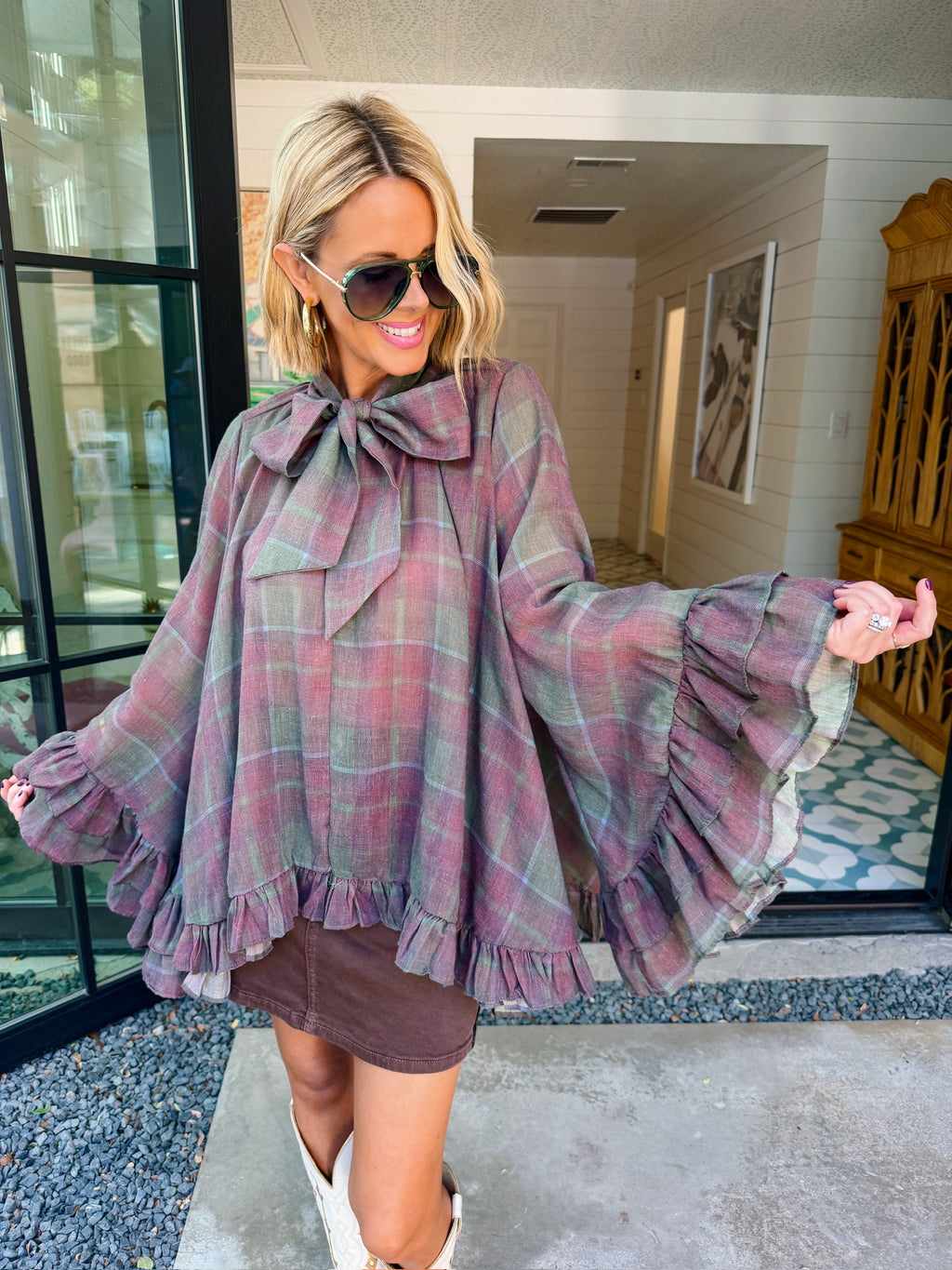 THE MOMENT IS YOURS PLAID LONGSLEEVE TOP - BURGUNDY