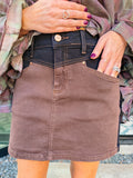 CHEYENNE COLORBLOCK DENIM SKIRT - BLACK/BROWN