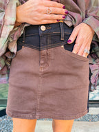 CHEYENNE COLORBLOCK DENIM SKIRT - BLACK/BROWN