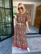 DAYS GONE BY DIAMOND FRINGE MAXI DRESS - BROWN/GREEN