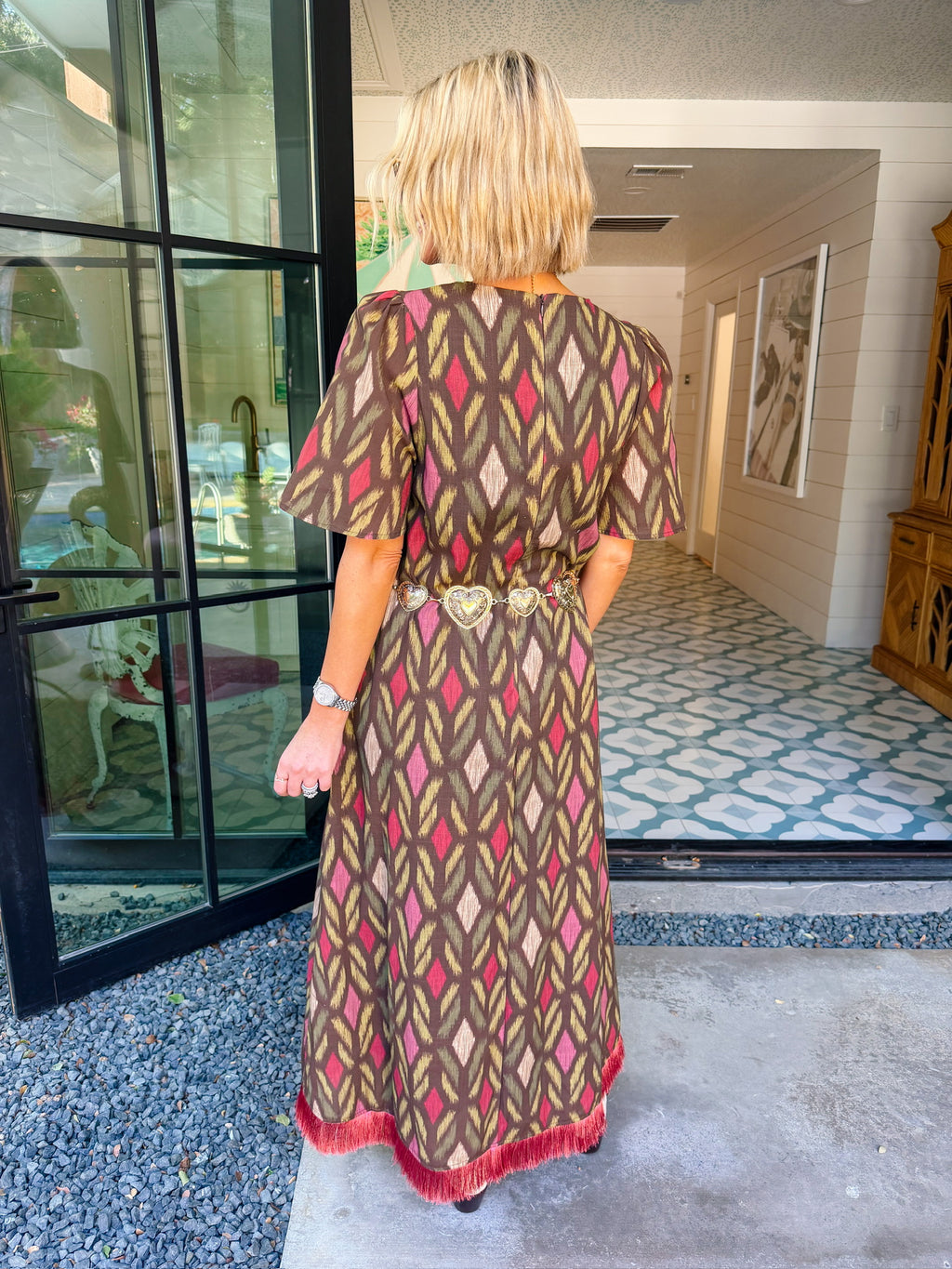 DAYS GONE BY DIAMOND FRINGE MAXI DRESS - BROWN/GREEN