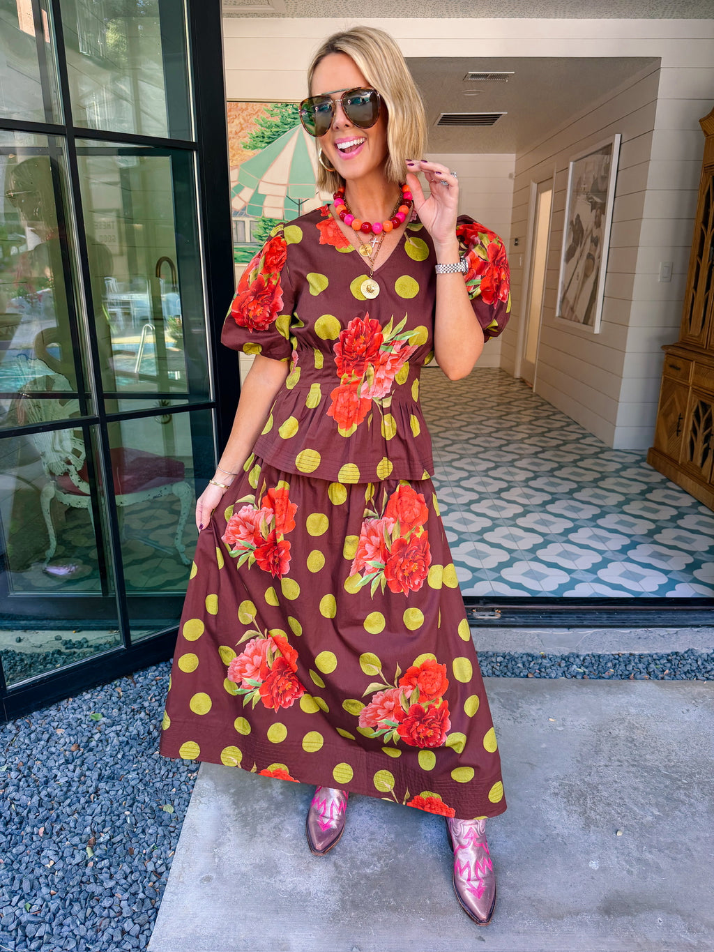 PICKED JUST FOR YOU FLORAL POLKA DOT MIDI SKIRT SET - BROWN/GREEN