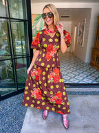 PICKED JUST FOR YOU FLORAL POLKA DOT MIDI SKIRT SET - BROWN/GREEN