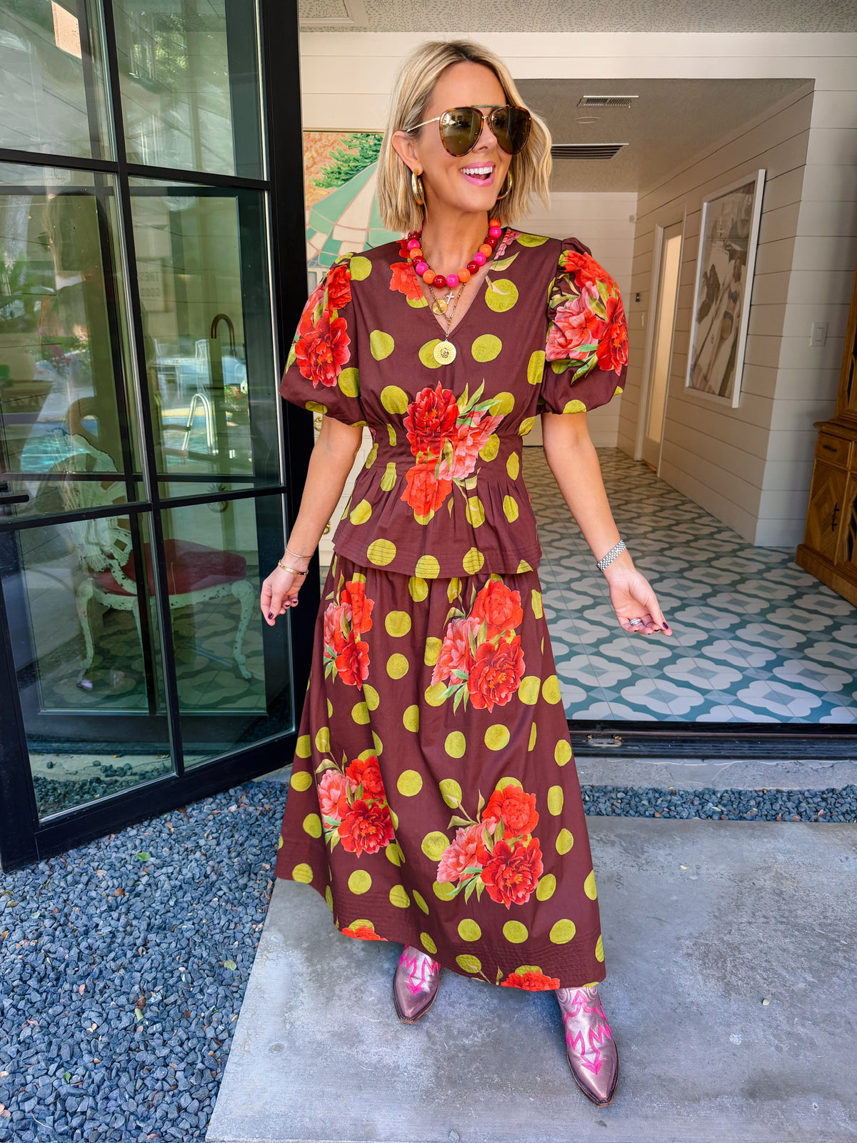 PICKED JUST FOR YOU FLORAL POLKA DOT MIDI SKIRT SET - BROWN/GREEN