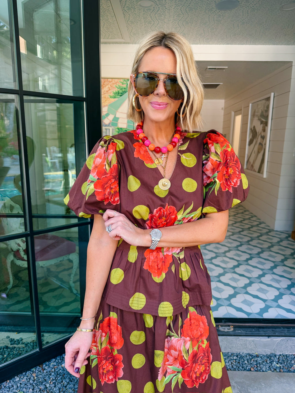 PICKED JUST FOR YOU FLORAL POLKA DOT MIDI SKIRT SET - BROWN/GREEN