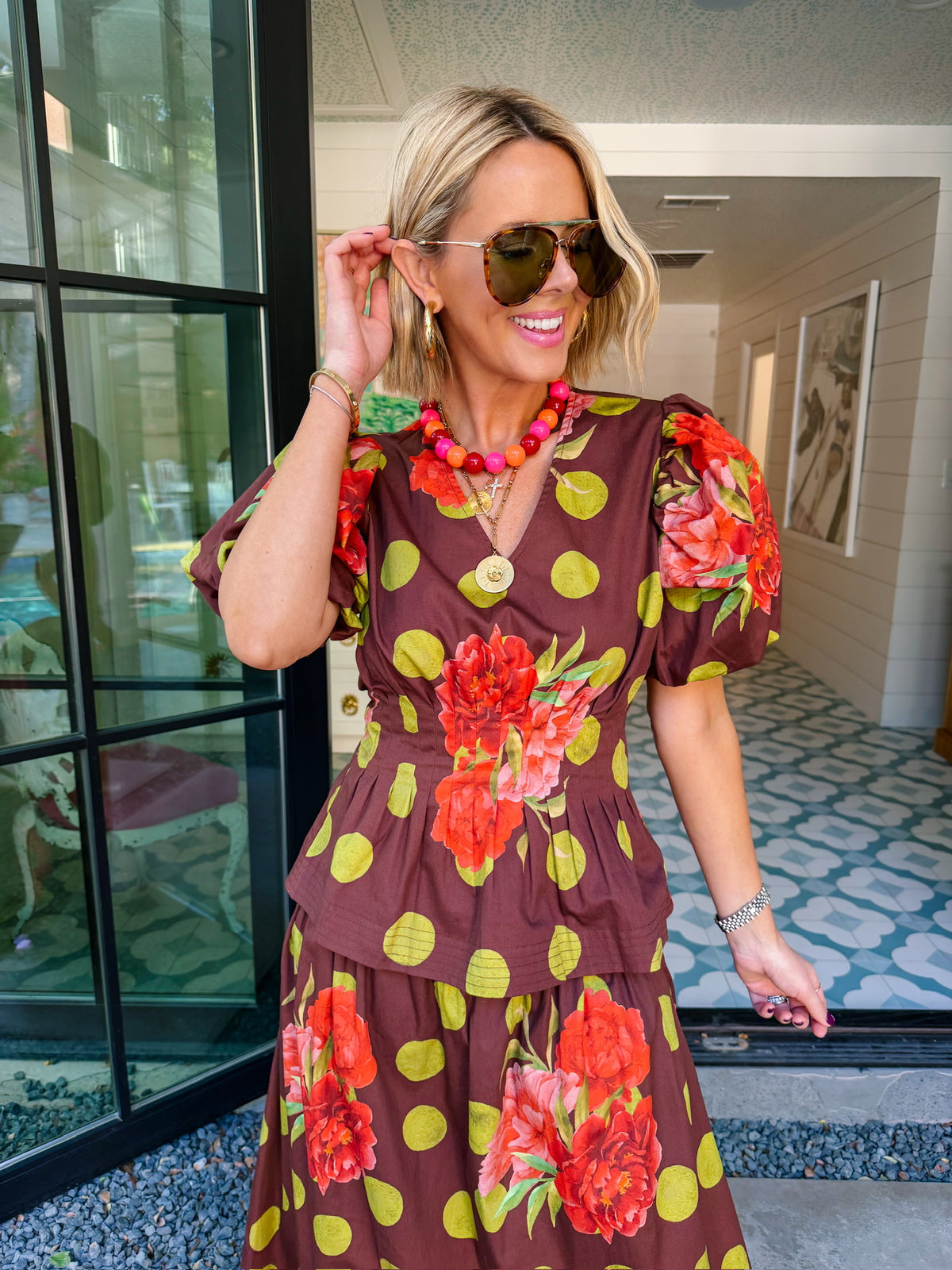 PICKED JUST FOR YOU FLORAL POLKA DOT MIDI SKIRT SET - BROWN/GREEN