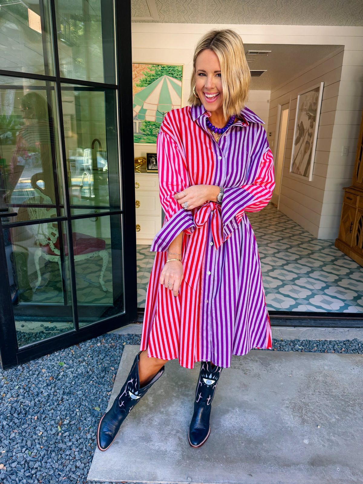 TWICE AS NICE COLORBLOCK STRIPE MIDI DRESS - FUCHIA/PURPLE