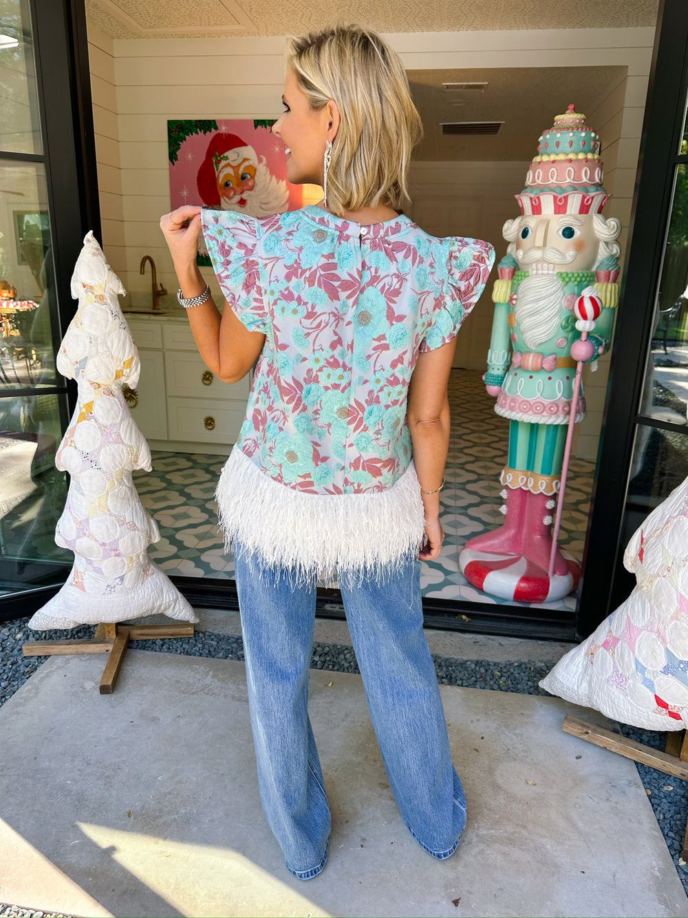 FIORELLA FEATHER FRINGE JACQUARD TOP - BLUE