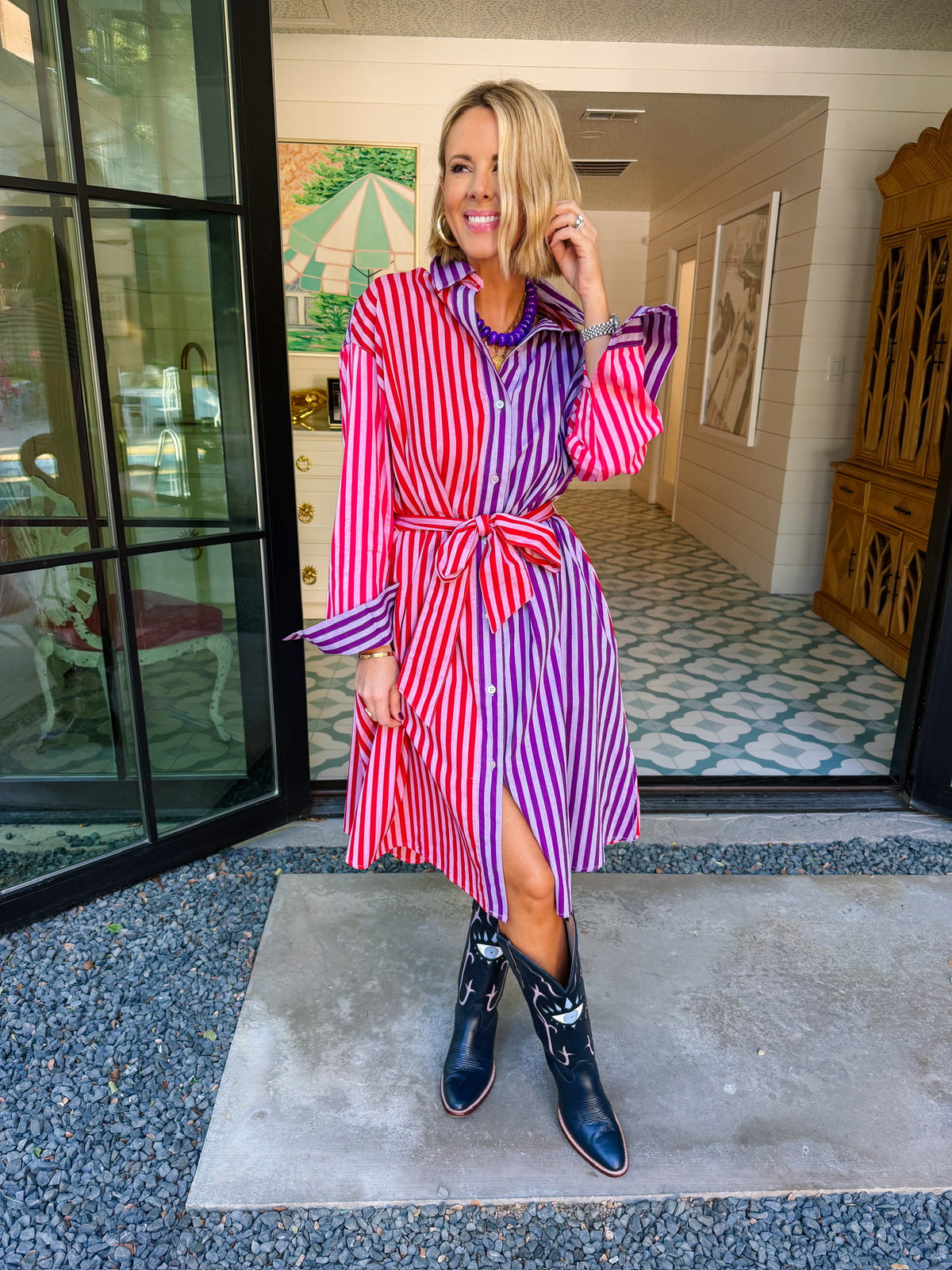 TWICE AS NICE COLORBLOCK STRIPE MIDI DRESS - FUCHIA/PURPLE
