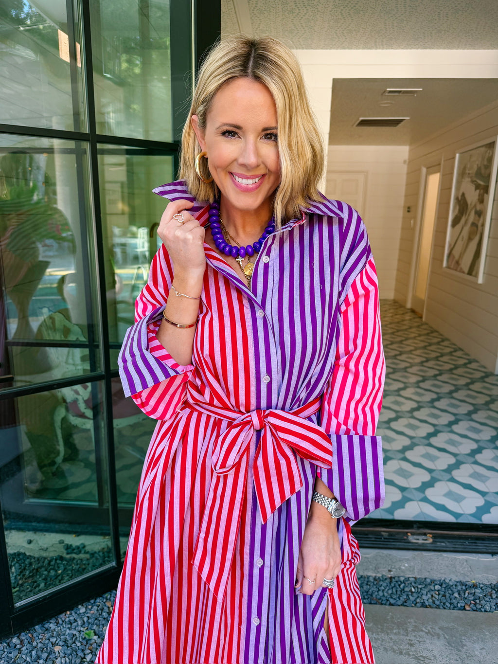 TWICE AS NICE COLORBLOCK STRIPE MIDI DRESS - FUCHIA/PURPLE