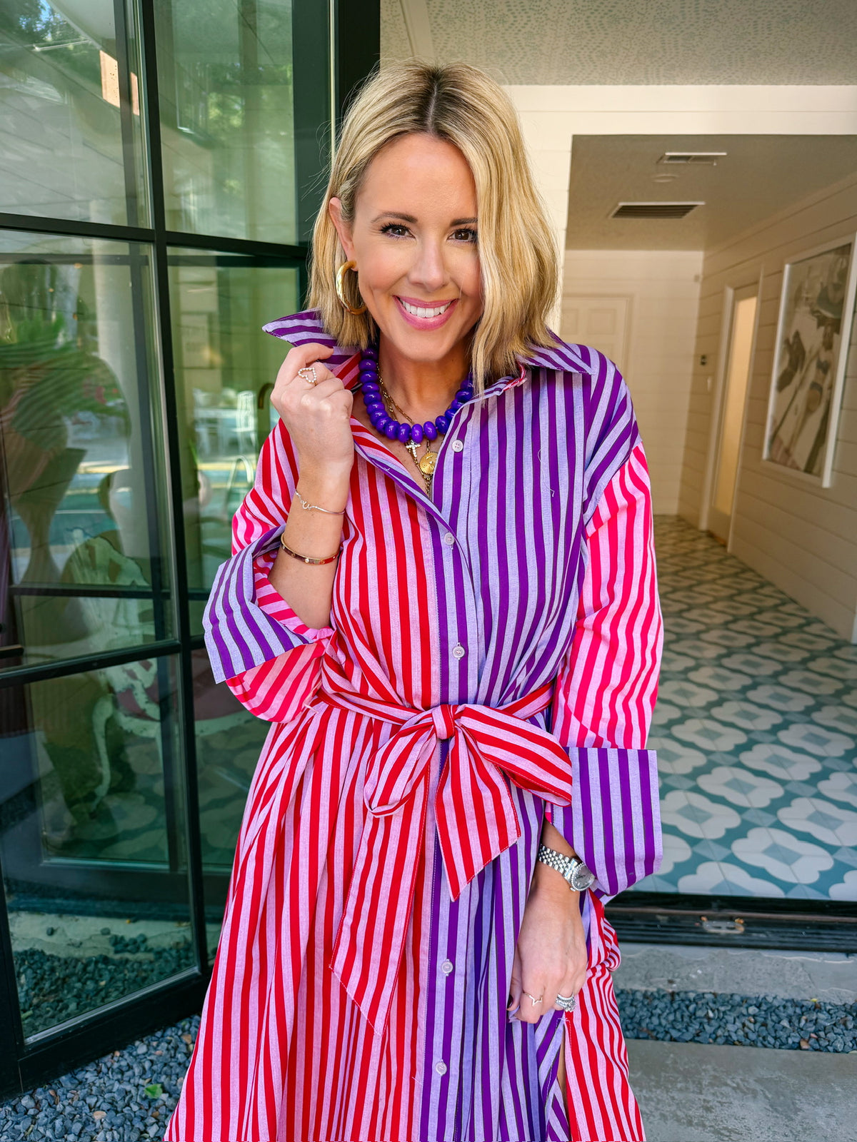TWICE AS NICE COLORBLOCK STRIPE MIDI DRESS - FUCHIA/PURPLE
