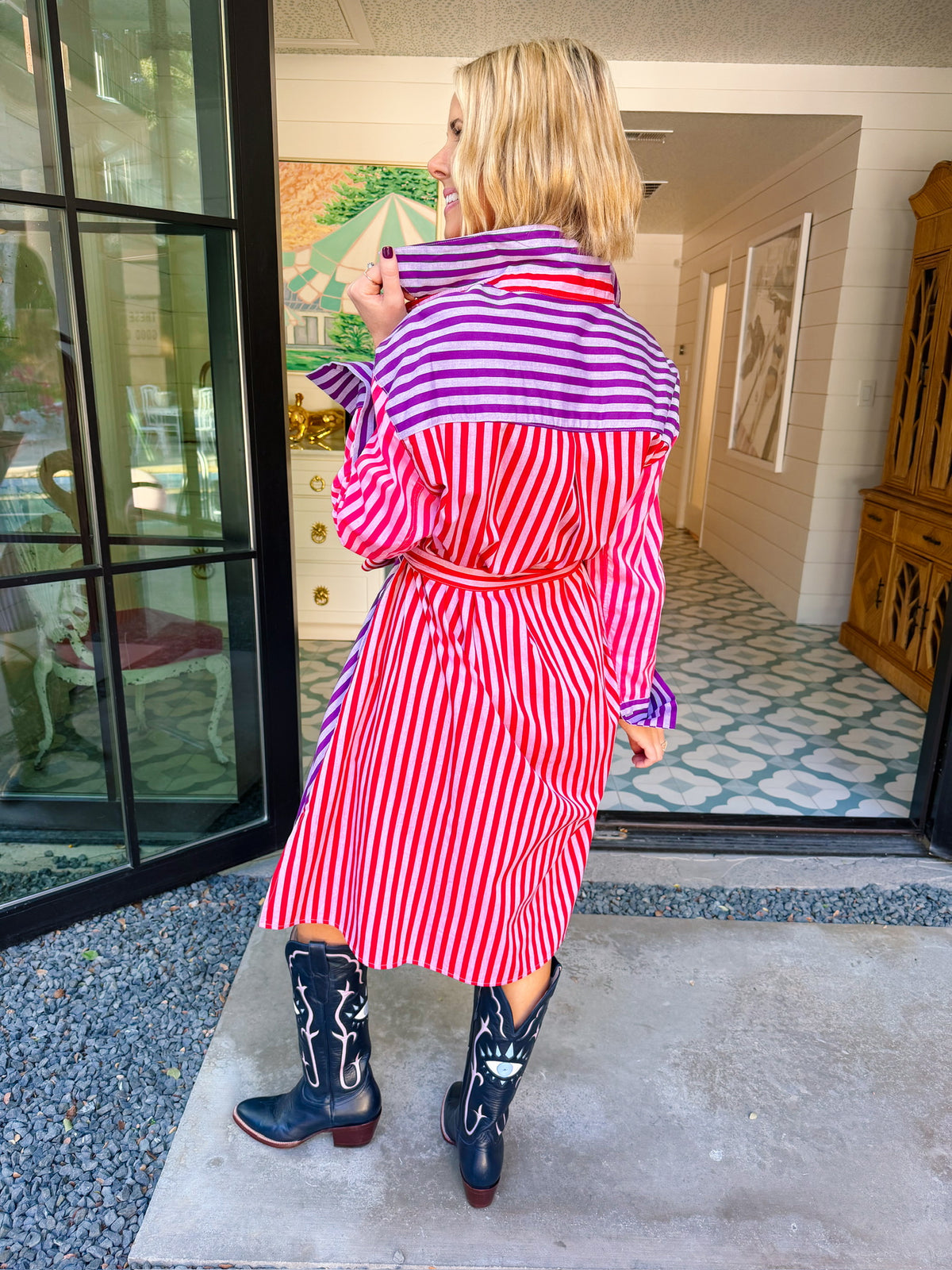 TWICE AS NICE COLORBLOCK STRIPE MIDI DRESS - FUCHIA/PURPLE
