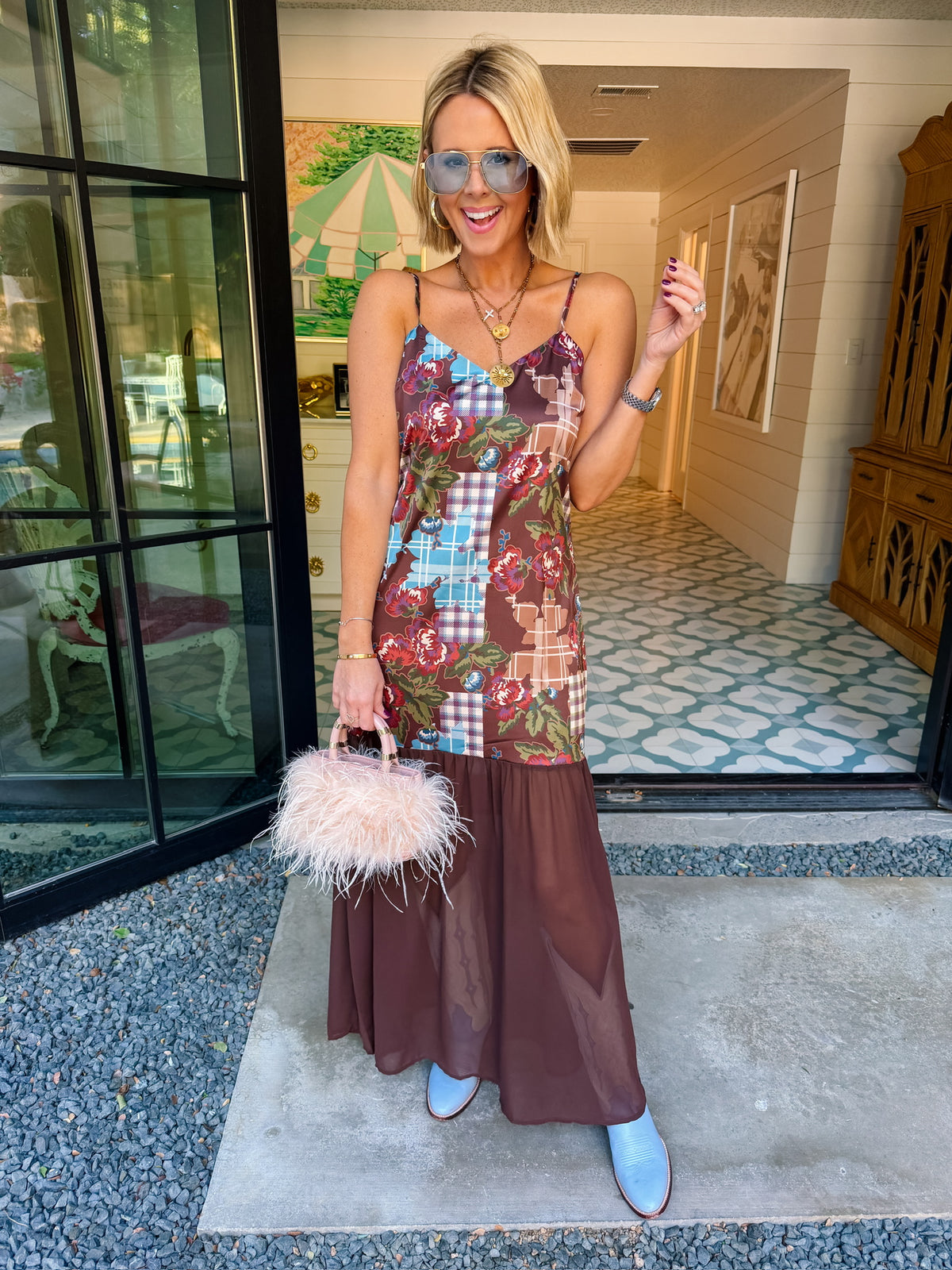 A MOMENT IN TIME FLORAL PLAID PATCHWORK MIDI DRESS - BROWN