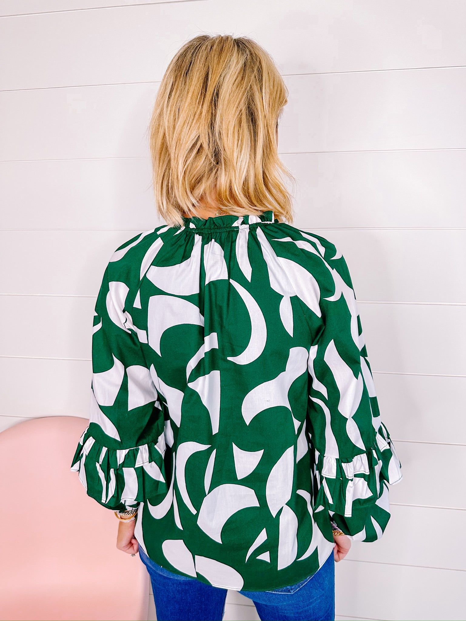 CECE ABSTRACT LONG SLEEVE TOP - GREEN