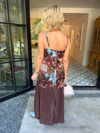 A MOMENT IN TIME FLORAL PLAID PATCHWORK MIDI DRESS - BROWN
